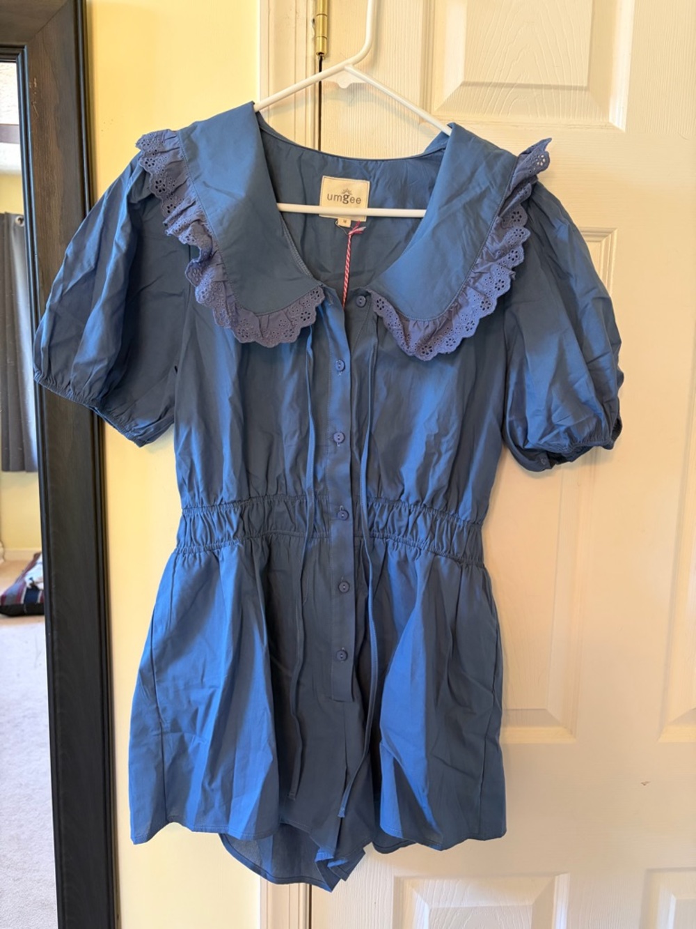 Umgee Blue Eyelet-Collar Button Front Romper